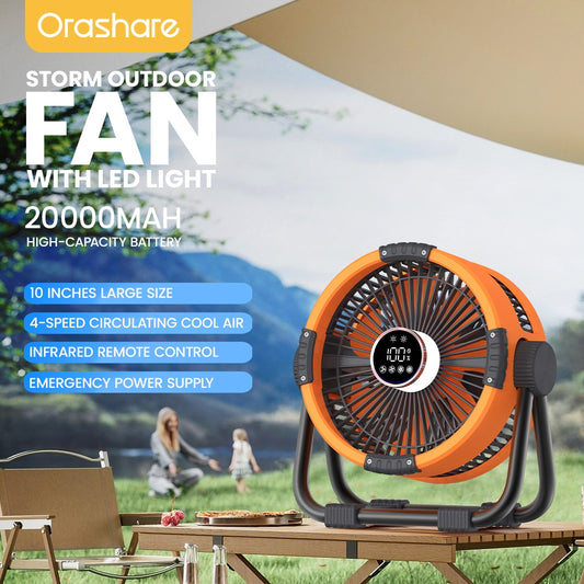 Orashare DF04 20000mAh Desk Fan Rechargeable 4 Speeds Wind 10 Inch Storm Fan With Powerbank & Light