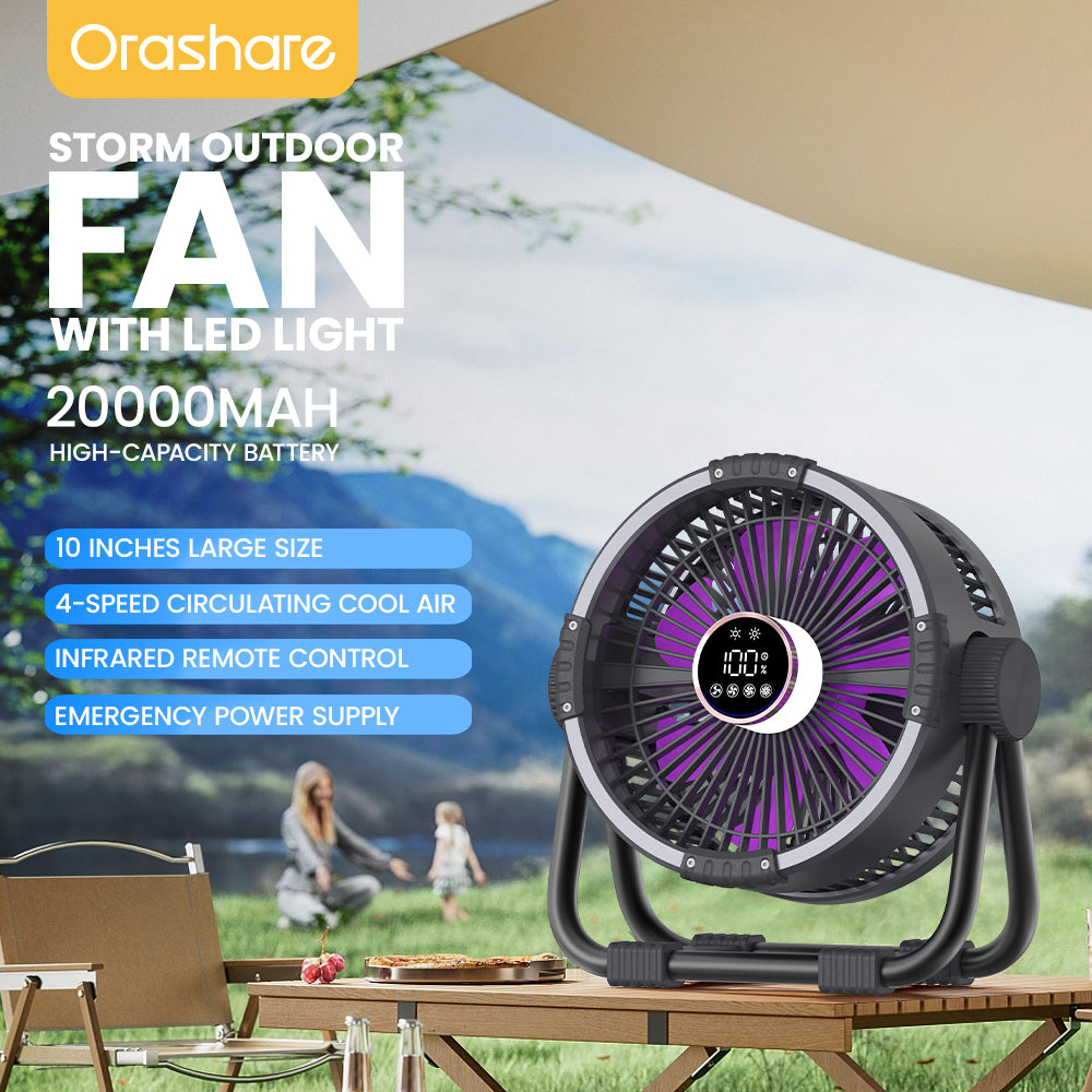 Orashare DF04 20000mAh Desk Fan Rechargeable 4 Speeds Wind 10 Inch Storm Fan With Powerbank & Light
